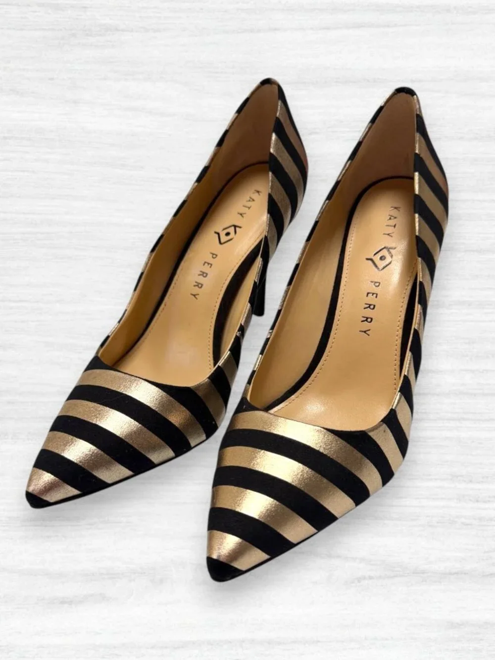 Katy Perry The Sissy Black Gold Metallic Stripe Pointed Toe Pumps Heels 9.5